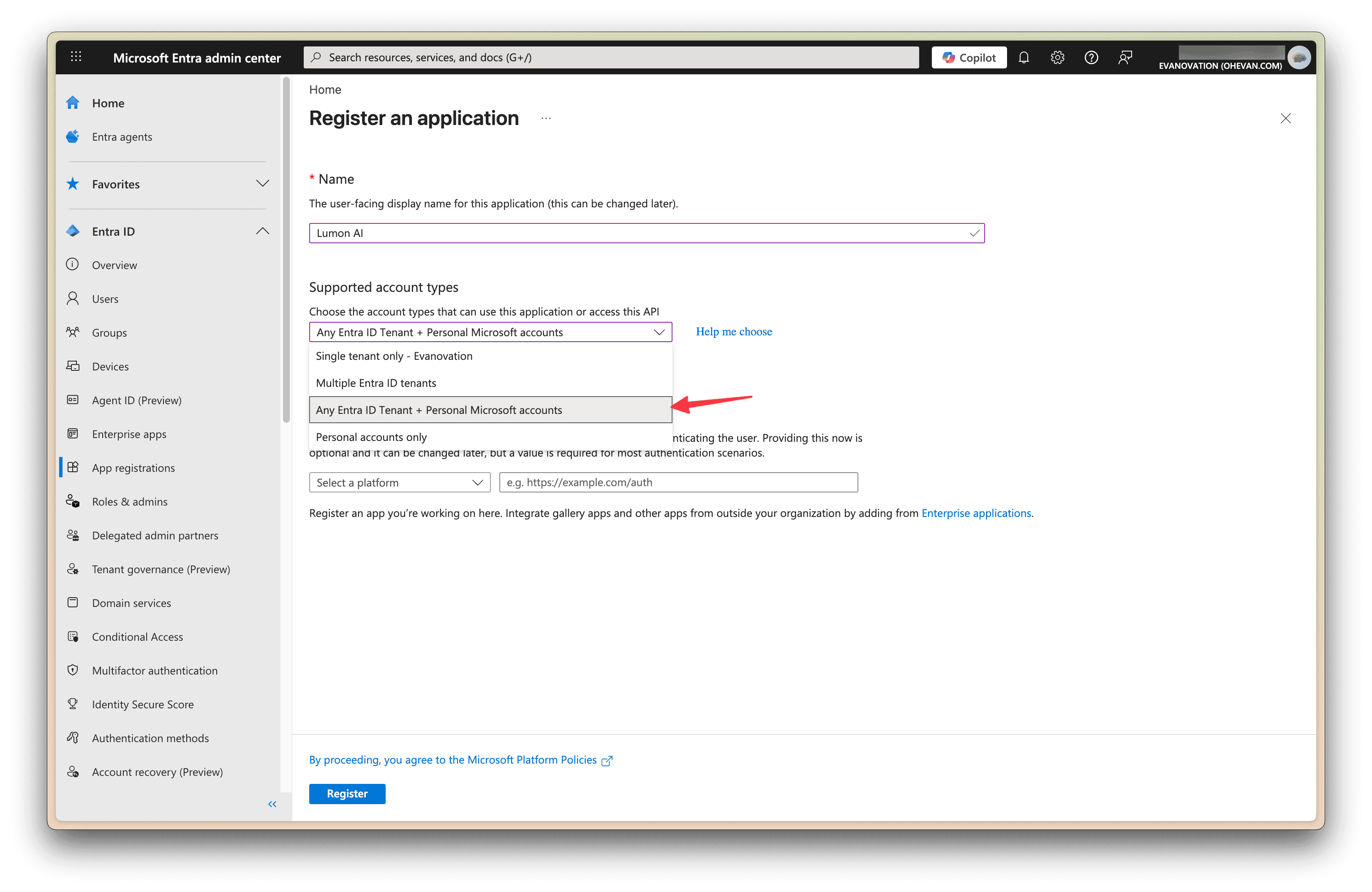 entra admin center, register app
